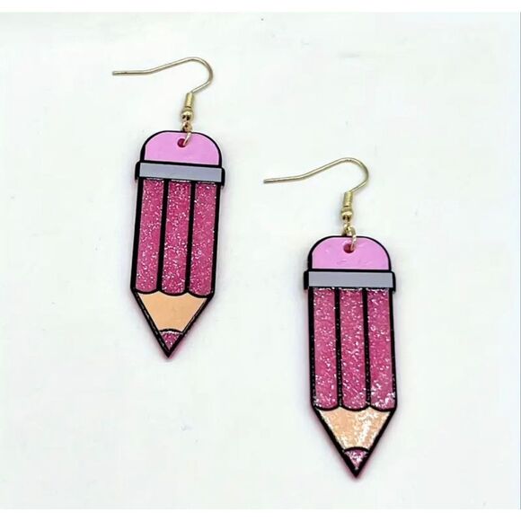 NWT Cute Teacher Student Pink Glittery Pencil Shaped Dangle Earrings - Picture 5 of 5